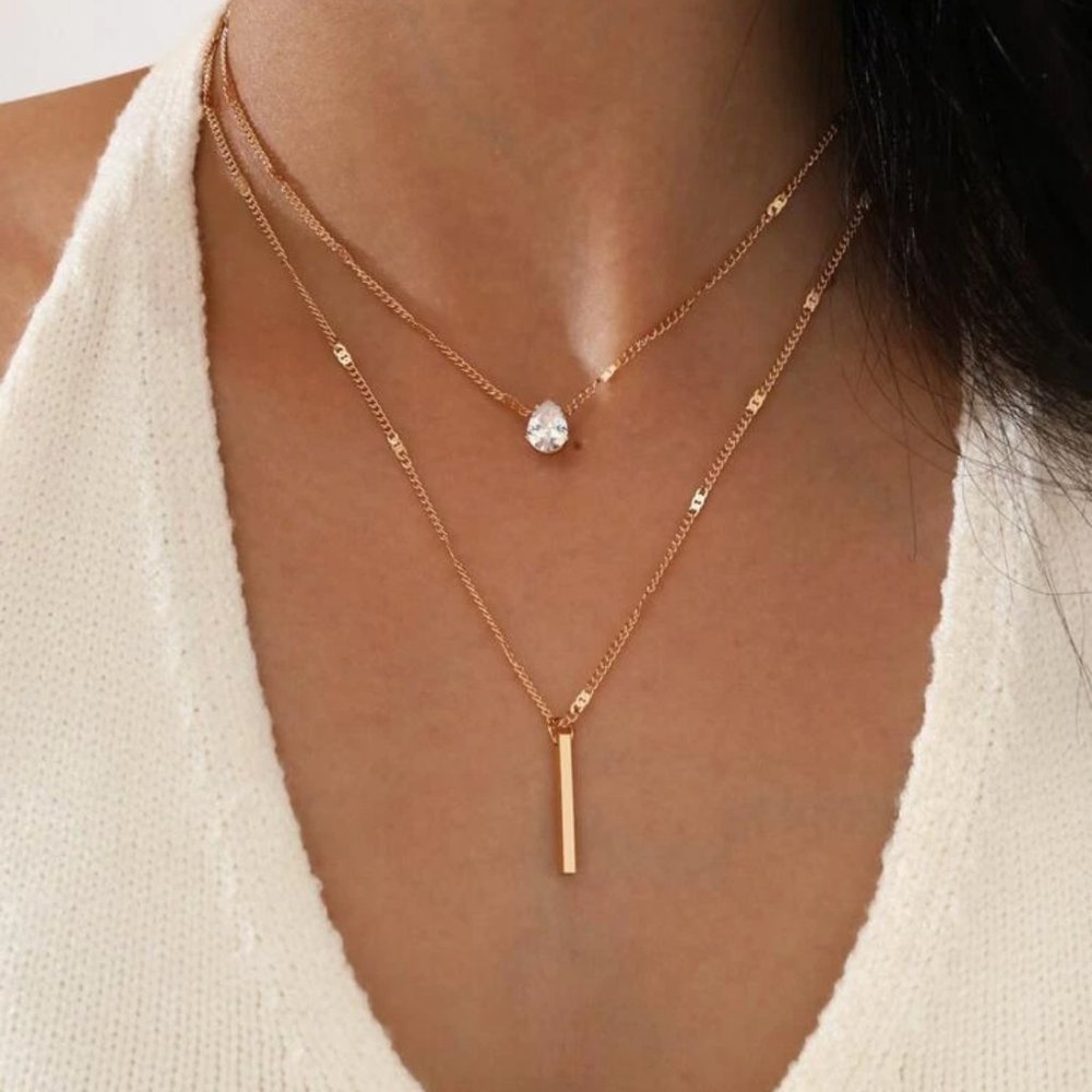 NIP 2 Necklace Set, Bar & Rhinestone Pendants